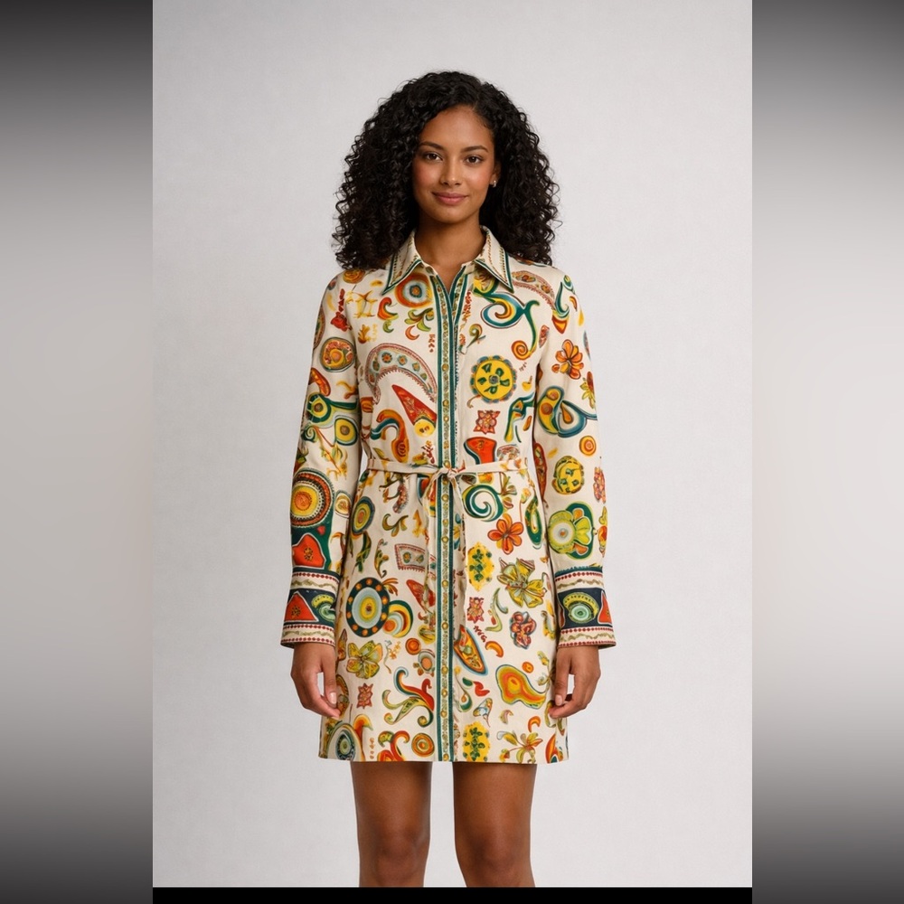 Boho Retro Paisley Print Zip Up Tie Waist‎ Dress XL